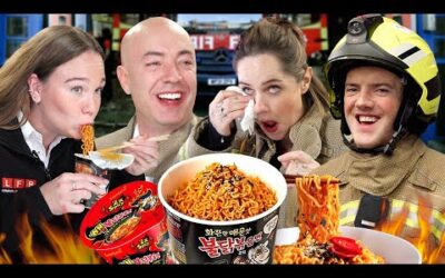 British Firefighters try Korean Fire Noodles for the first time!!